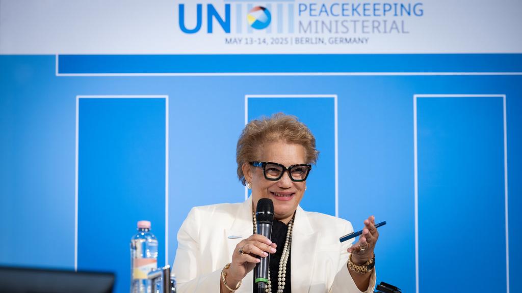 Under-Secretary-General Catherine Pollard moderating at the UN Peacekeeping Ministerial in Berlin, Germany in May 2025