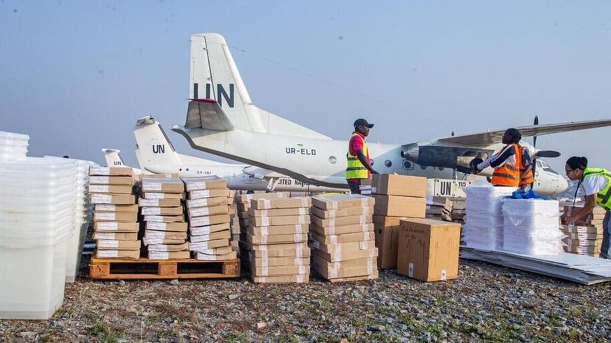 MINUSCA personnel prepare electoral supplies for transport onboard mission aircrafts.