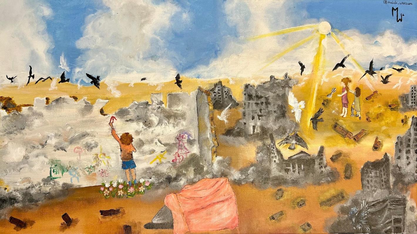 Painting by Malak Jadalah, a young artist in Gaza. Painting by Malak Jadalah, a young artist in Gaza.
