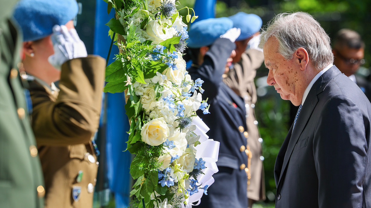 Secretary-General António Guterres attends the wreath laying ceremony in honour of fallen Peacekeepers at the Peacekeeping Memorial at UN Headquarters.