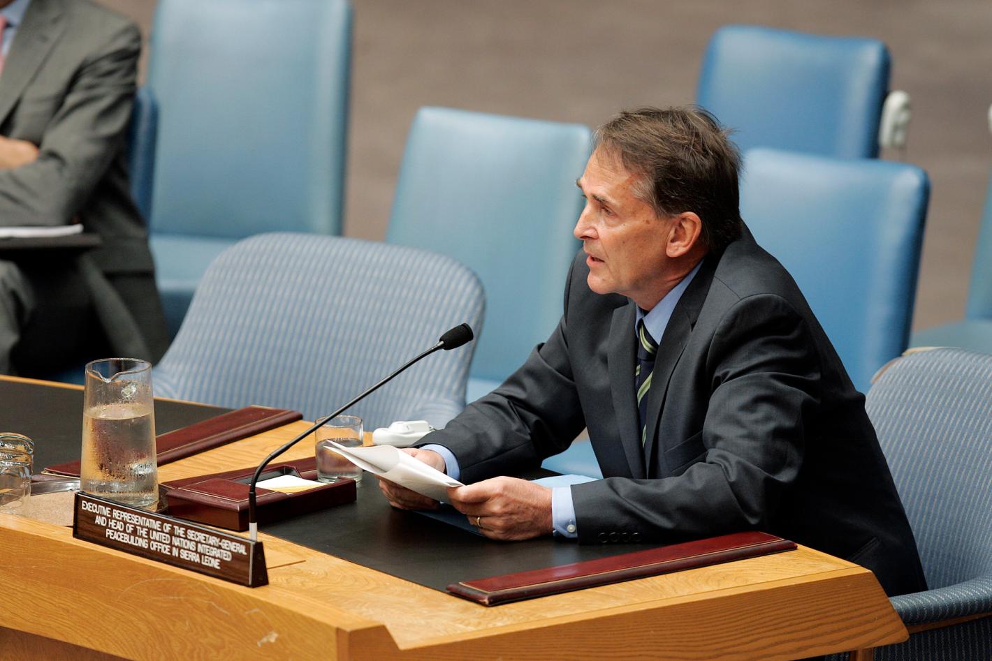 Michael von der Schulenburg, Executive Representative of the Secretary-General for the United Nations Integrated Peacebuilding Office in Sierra Leone (UNIPSIL), briefs the Security Council on the situation in that country.