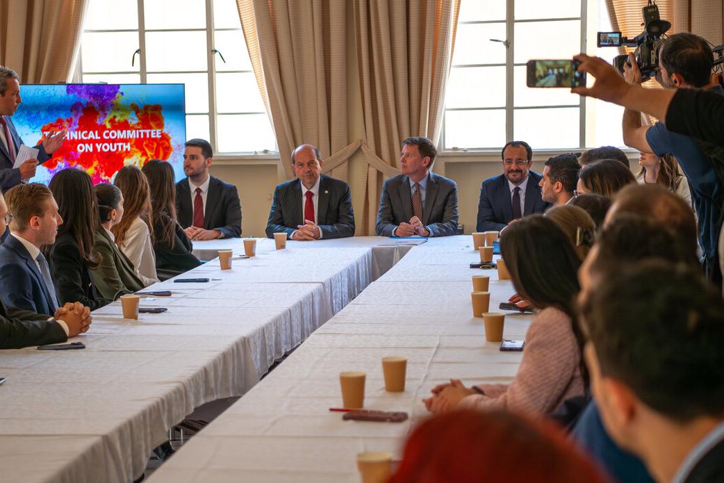The top United Nations official in Cyprus, Colin Stewart, hosts the Greek Cypriot leader, Nikos Christodoulides and the Turkish Cypriot leader, Ersin Tatar, at a meeting convened at the leaders’ initiative at Ledra Palace Hotel