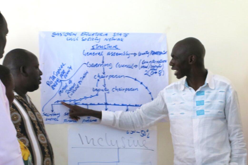 Person pointing at a large sheet of paper with handwritten notes and diagrams during a group discussion, with others standing nearby.
