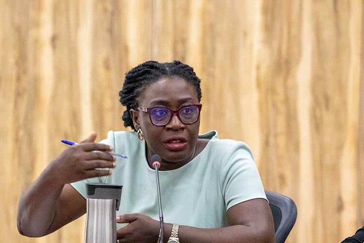 A person seated at a conference table speaks into a microphone while gesturing with one hand. The individual is holding a pen in the other hand. Another person is partially visible on the right, also holding a pen. The background features a wooden panel wall.