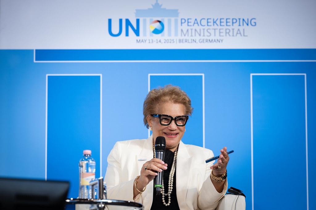 Under-Secretary-General Catherine Pollard moderating at the UN Peacekeeping Ministerial in Berlin, Germany in May 2025