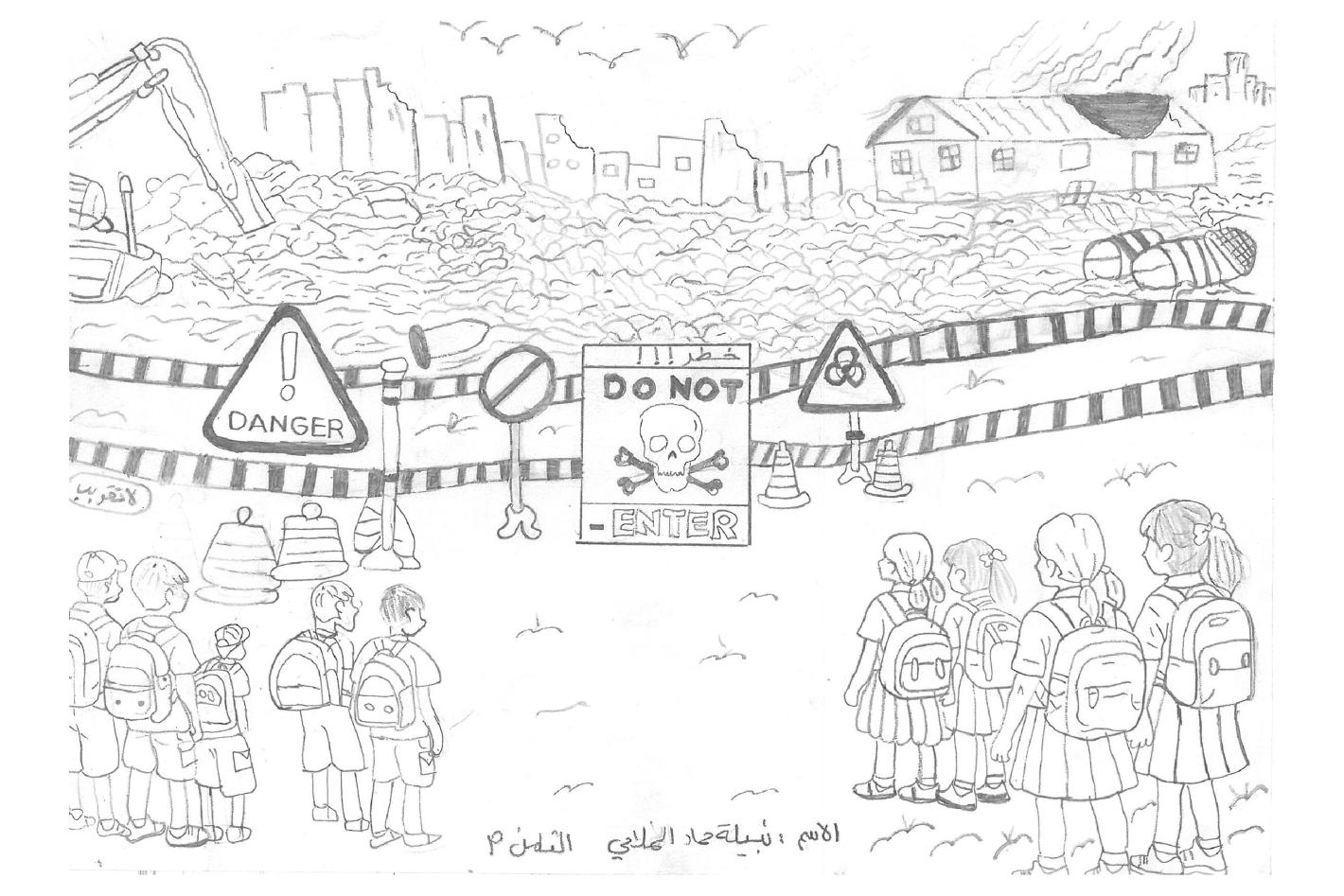 Pencil drawing of schoolchildren with backpacks facing danger signs and rubble, with destroyed buildings behind