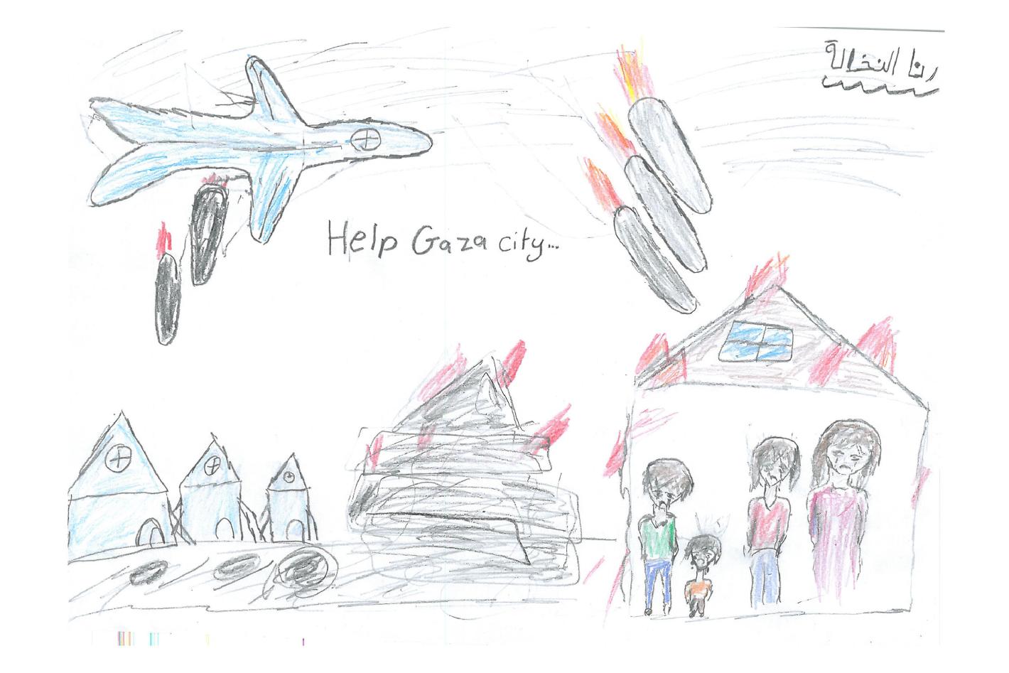 Child's drawing of a warplane dropping bombs on burning homes and a frightened family, with the words "Help Gaza city"