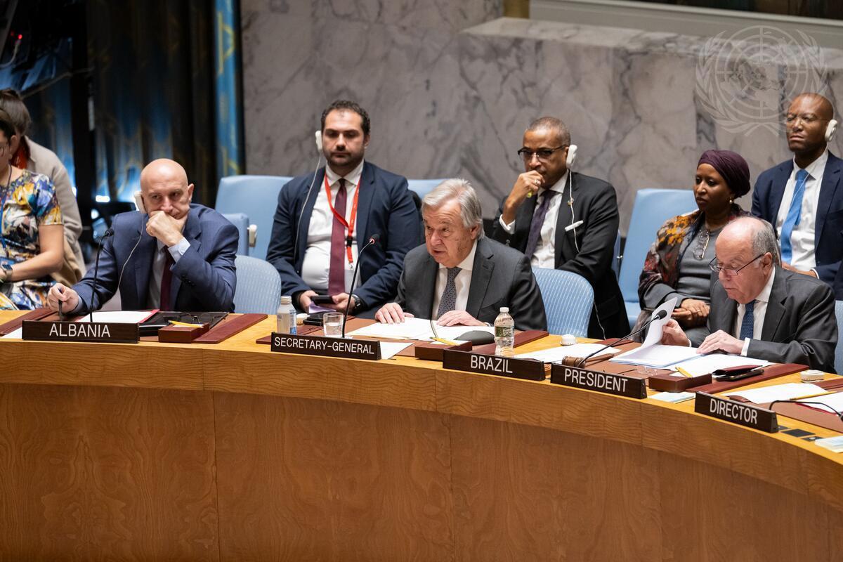 Secretary-General António Guterres (centre at table) addresses the Security Council meeting on women and peace and security, with a focus on women’s participation in international peace and security: from theory to practice.