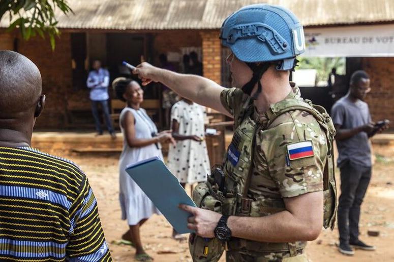 Peacekeepers on patrol at a polling centre in the capital Bangui during the elections