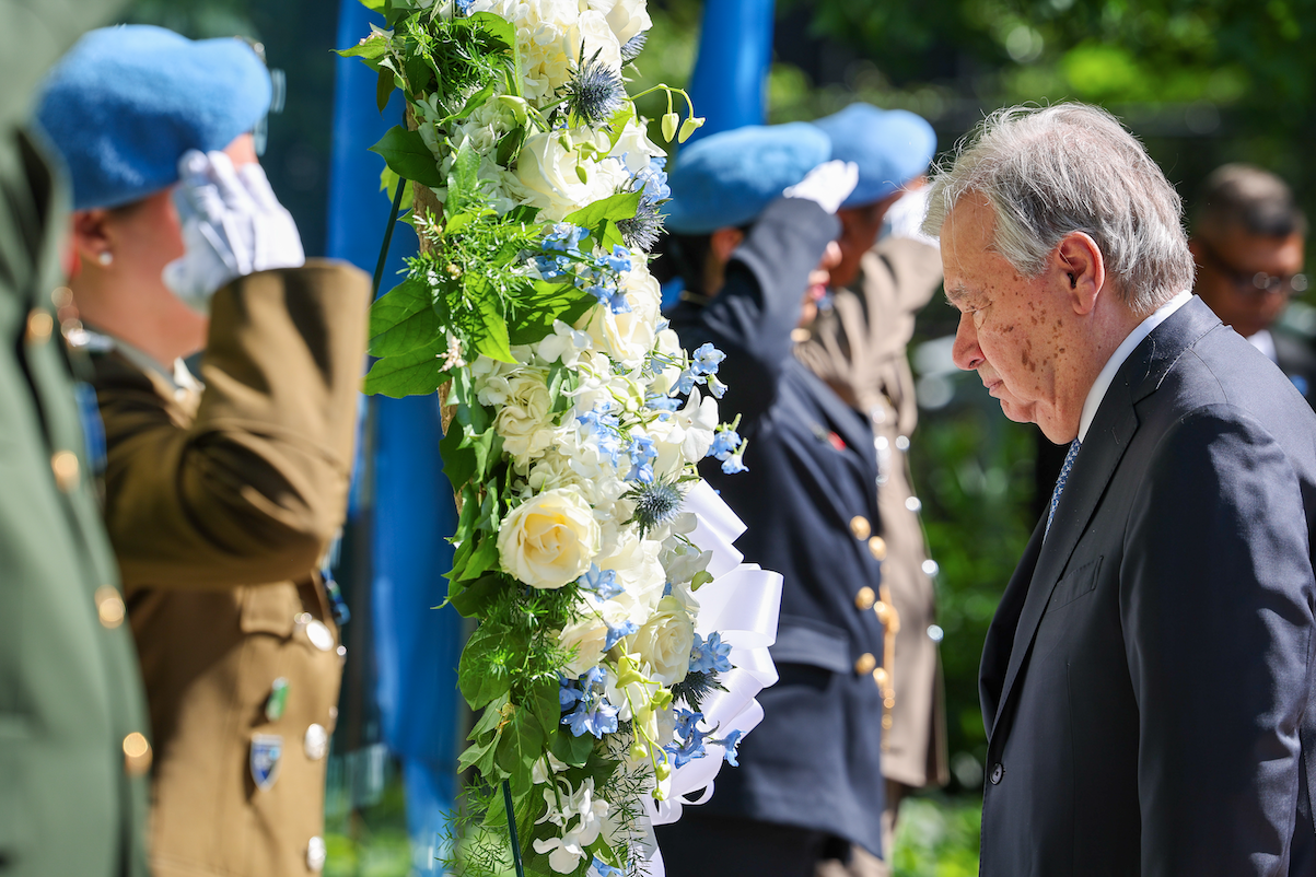 Secretary-General António Guterres attends the wreath laying ceremony in honour of fallen Peacekeepers at the Peacekeeping Memorial at UN Headquarters.