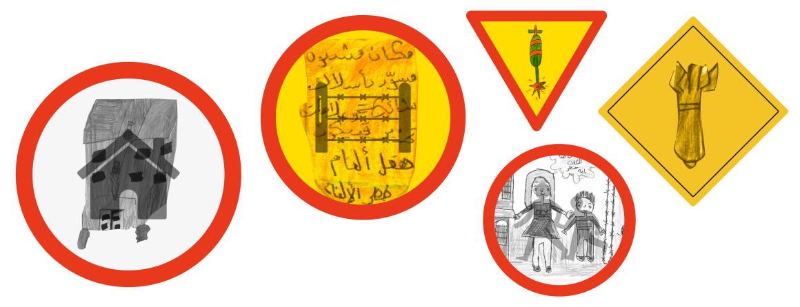 علامات طريق مُصمَّمة بأسلوب يجمع بين رسوم الأطفال والإشارات الرسمية التي نجدها في شوارع المدينة