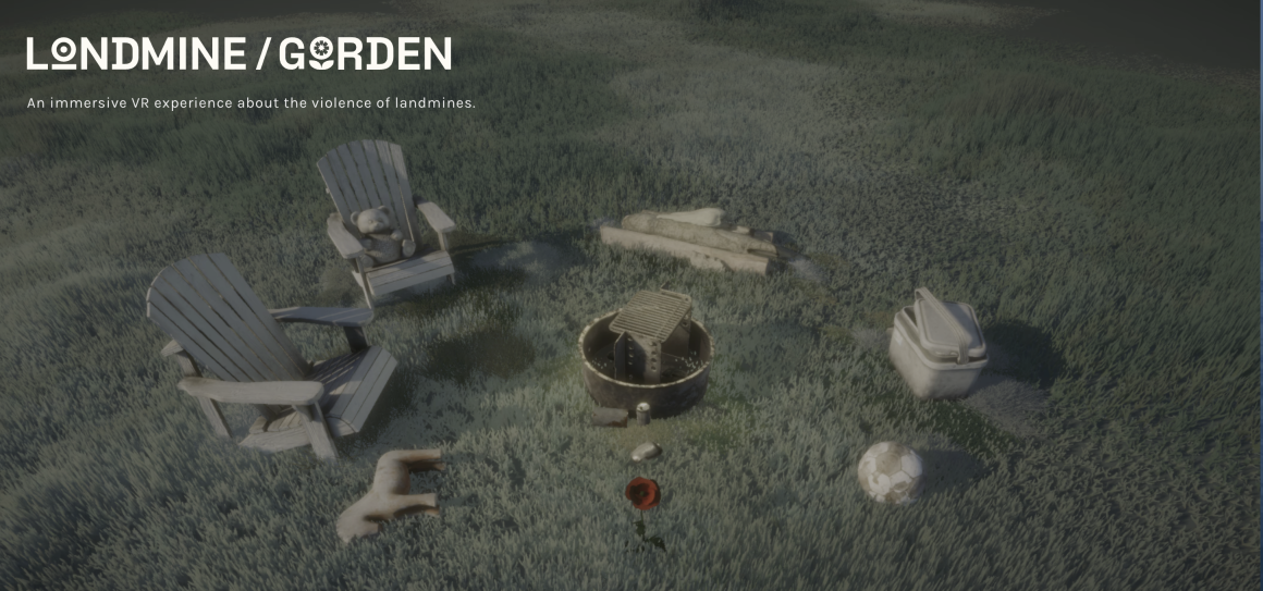 two adirondack chairs, some toys on a lawn and a mine in the center